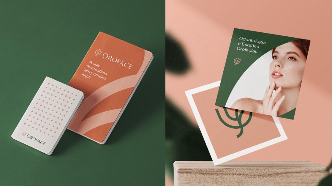 Oroface牙科牙齒矯正與口腔美容診所logo設(shè)計vi設(shè)計，花朵字母logo+粉綠配色