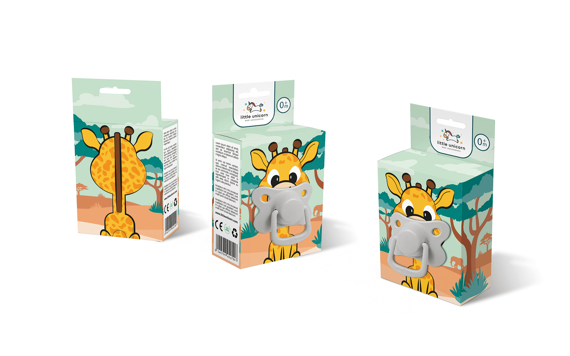 小獨(dú)角獸嬰兒奶嘴包裝設(shè)計(jì)“熊貓、長頸鹿和小猴子”插畫