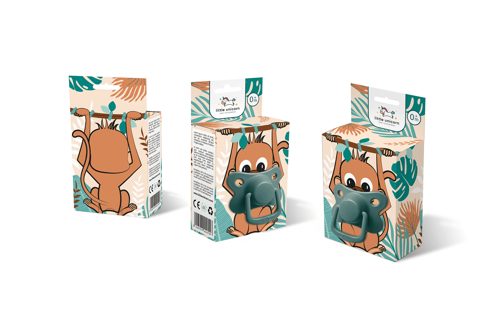 小獨(dú)角獸嬰兒奶嘴包裝設(shè)計(jì)“熊貓、長頸鹿和小猴子”插畫