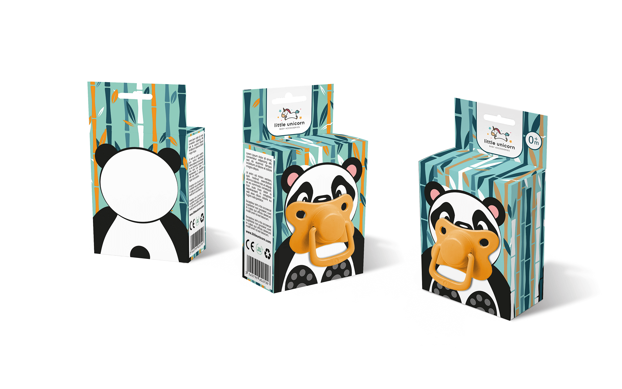 小獨(dú)角獸嬰兒奶嘴包裝設(shè)計(jì)“熊貓、長頸鹿和小猴子”插畫