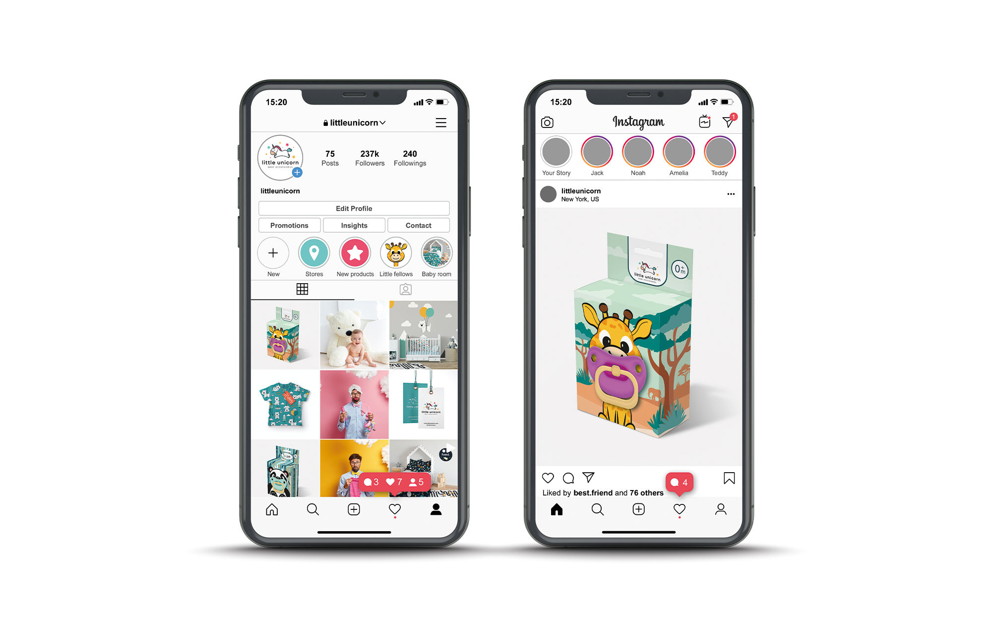 小獨(dú)角獸嬰兒奶嘴包裝設(shè)計(jì)“熊貓、長頸鹿和小猴子”插畫