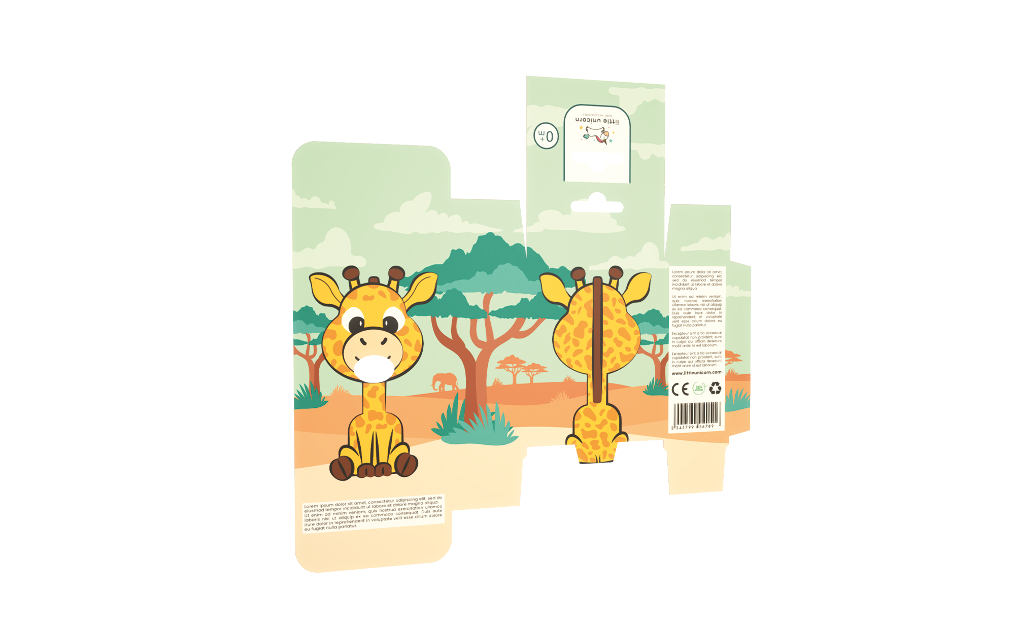 小獨(dú)角獸嬰兒奶嘴包裝設(shè)計(jì)“熊貓、長頸鹿和小猴子”插畫