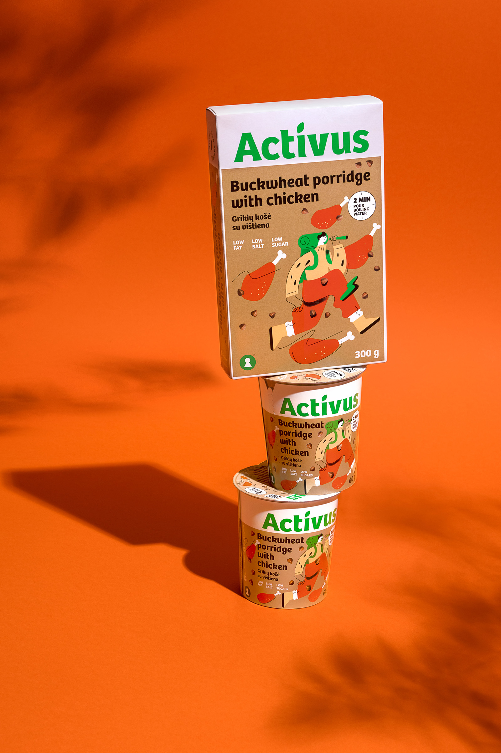 ACTIVUS 杯裝健康速食早餐午餐包裝設計，比例夸張的活力人物插畫