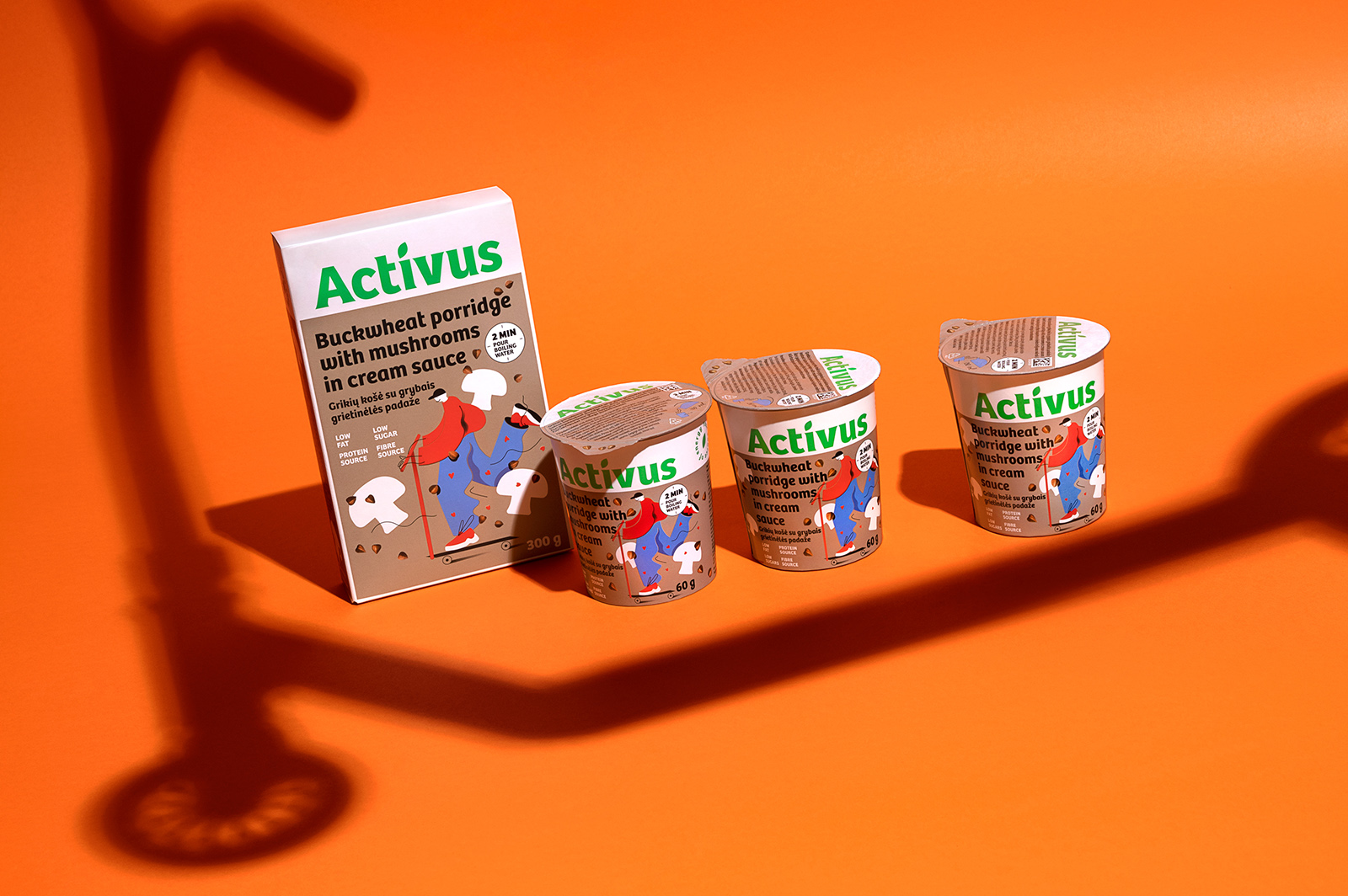 ACTIVUS 杯裝健康速食早餐午餐包裝設計，比例夸張的活力人物插畫