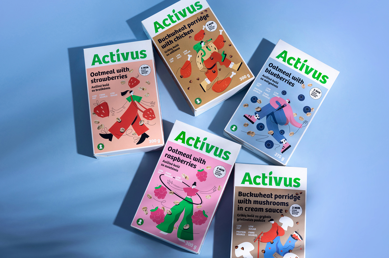 ACTIVUS 杯裝健康速食早餐午餐包裝設計，比例夸張的活力人物插畫