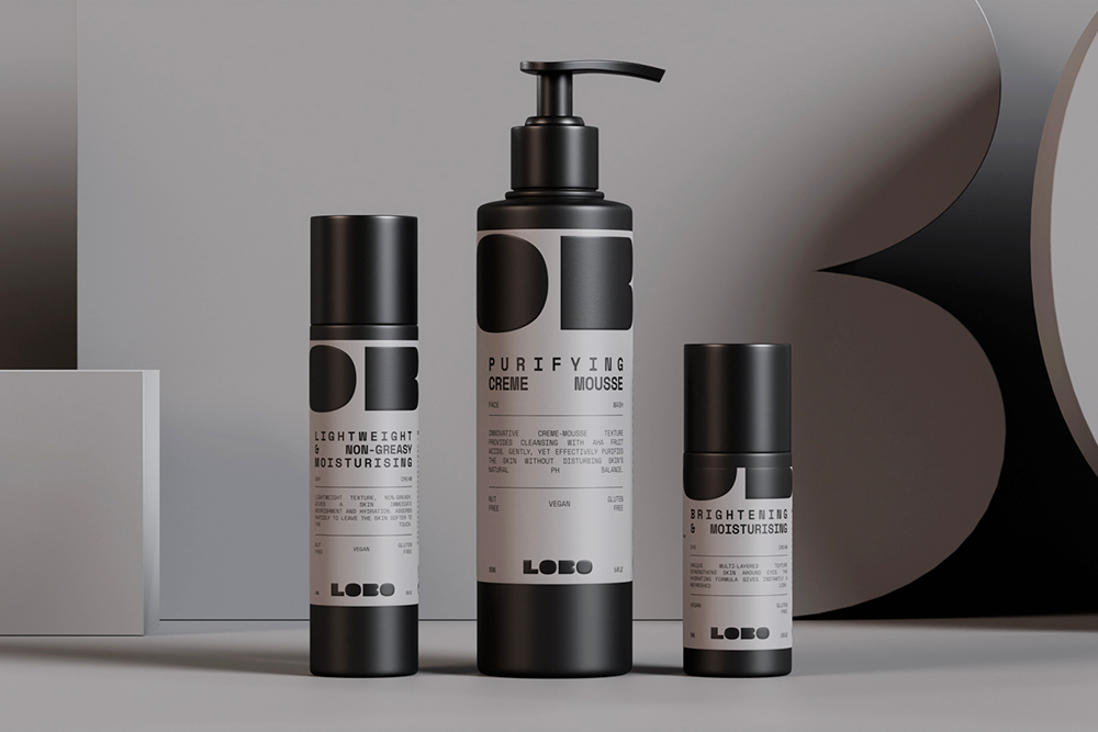 LOBO 男性有機(jī)護(hù)膚化妝品品牌logo設(shè)計(jì)包裝設(shè)計(jì)，黑灰粗體字風(fēng)格