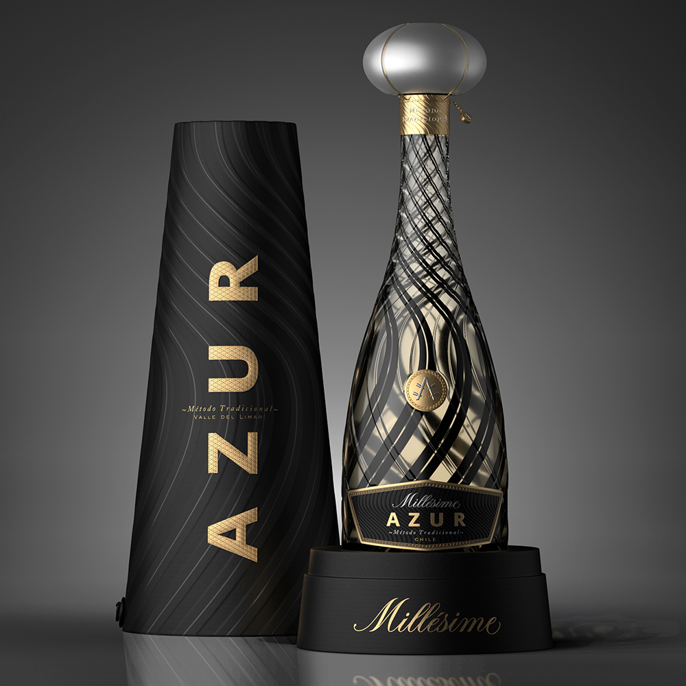 Azur 起泡酒包裝設(shè)計瓶型設(shè)計，黑金螺旋線條