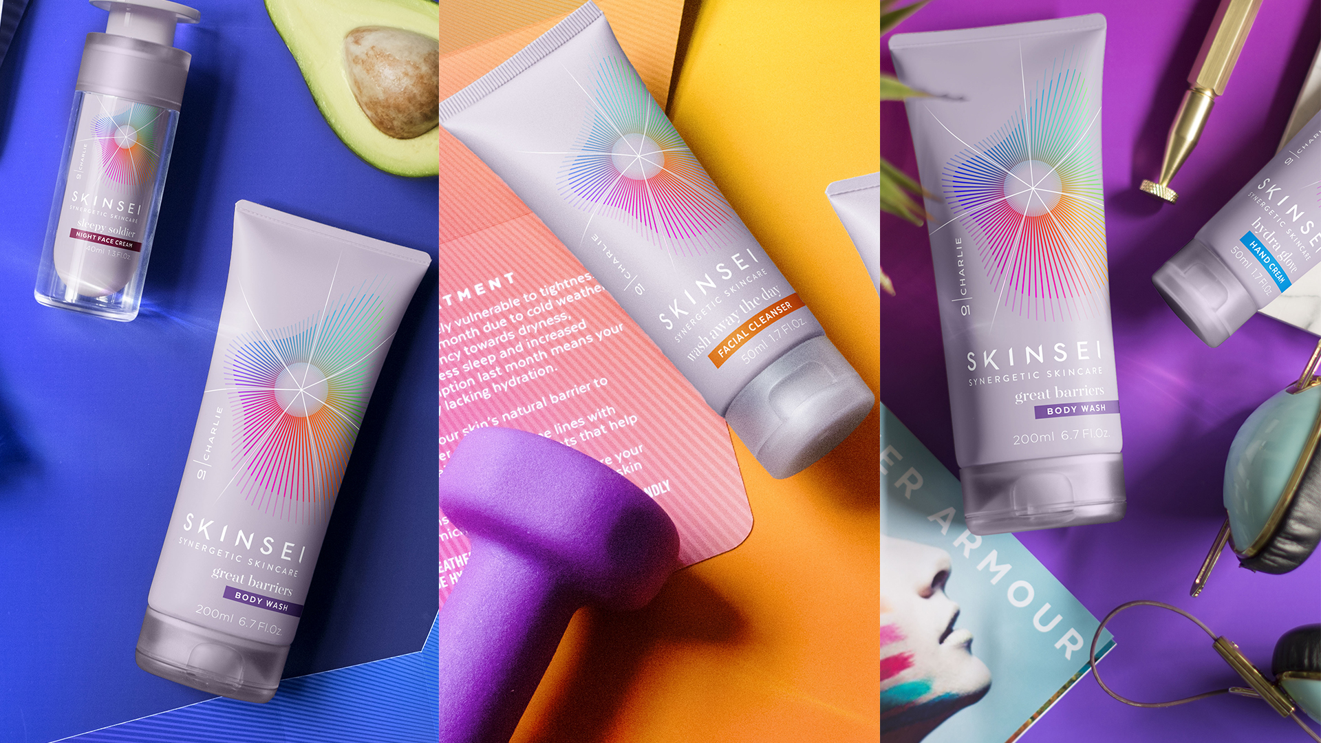 Skinsei私人個性化護膚品化妝品包裝設計,明亮多彩的萬花筒線條光譜主視覺圖案 Skinsei私人個性化護膚品化妝品包裝設計,明亮多彩的萬花筒線條光譜主視覺圖案