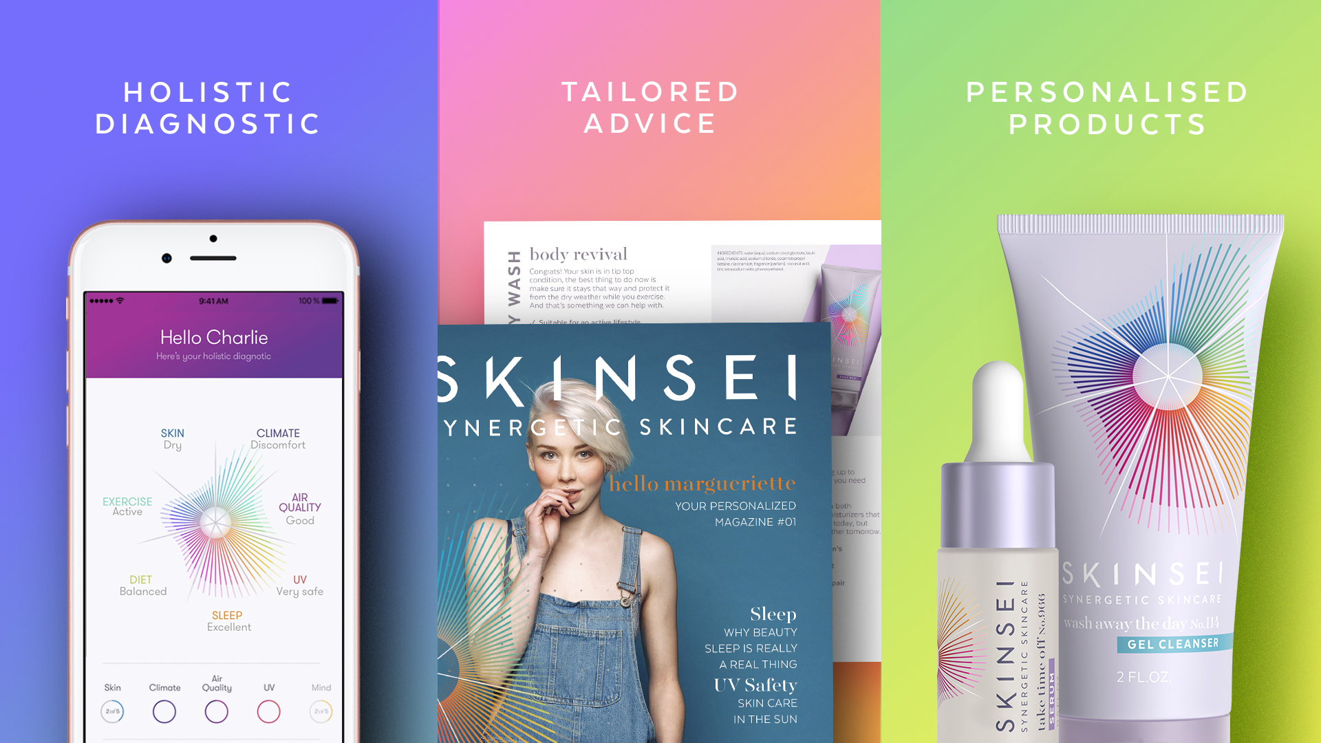 Skinsei私人個性化護膚品化妝品包裝設計,明亮多彩的萬花筒線條光譜主視覺圖案 Skinsei私人個性化護膚品化妝品包裝設計,明亮多彩的萬花筒線條光譜主視覺圖案