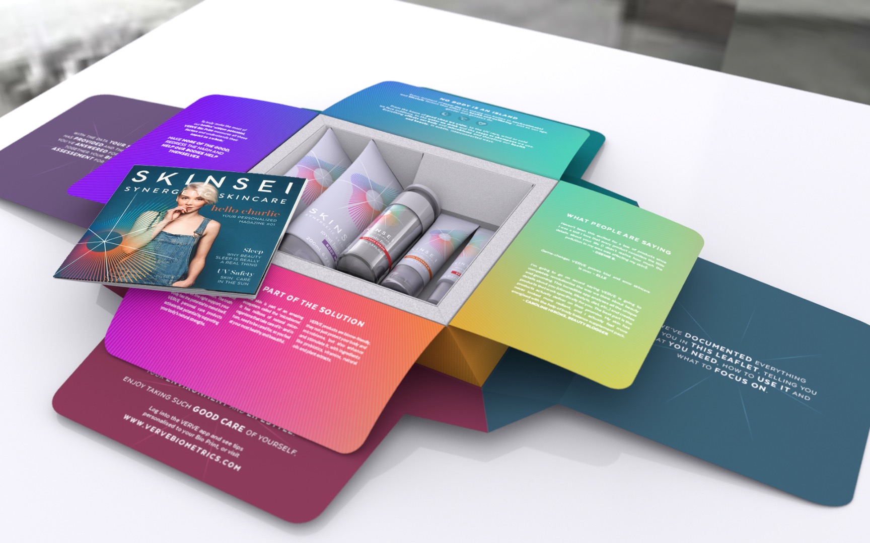 Skinsei私人個性化護膚品化妝品包裝設計,明亮多彩的萬花筒線條光譜主視覺圖案 Skinsei私人個性化護膚品化妝品包裝設計,明亮多彩的萬花筒線條光譜主視覺圖案