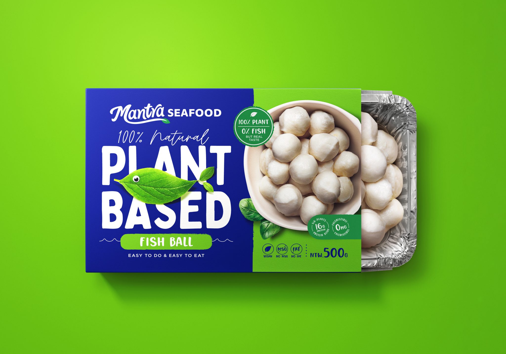 Mantra植物基素食海鮮食品包裝設計，藍色品牌識別+植物葉子海洋生物