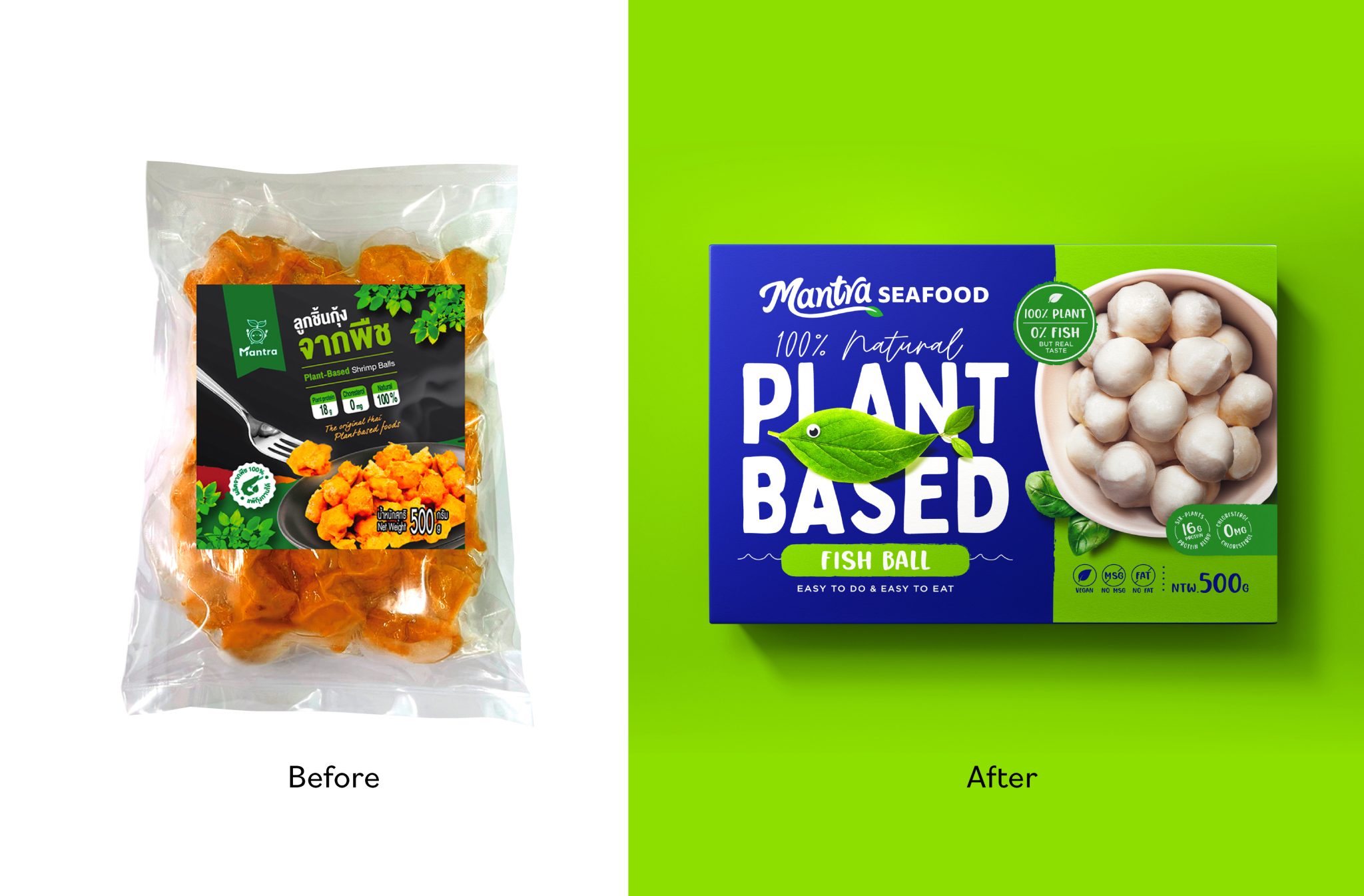 Mantra植物基素食海鮮食品包裝設計，藍色品牌識別+植物葉子海洋生物
