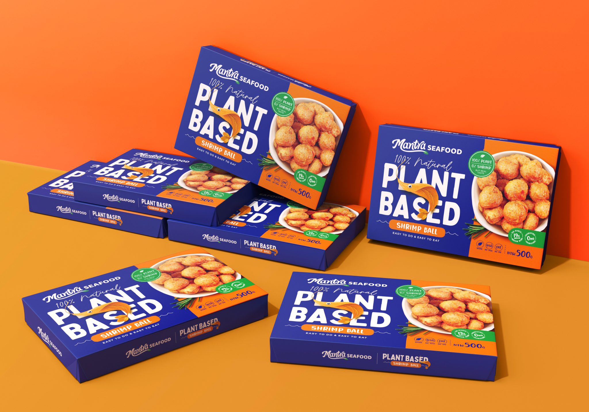 Mantra植物基素食海鮮食品包裝設計，藍色品牌識別+植物葉子海洋生物