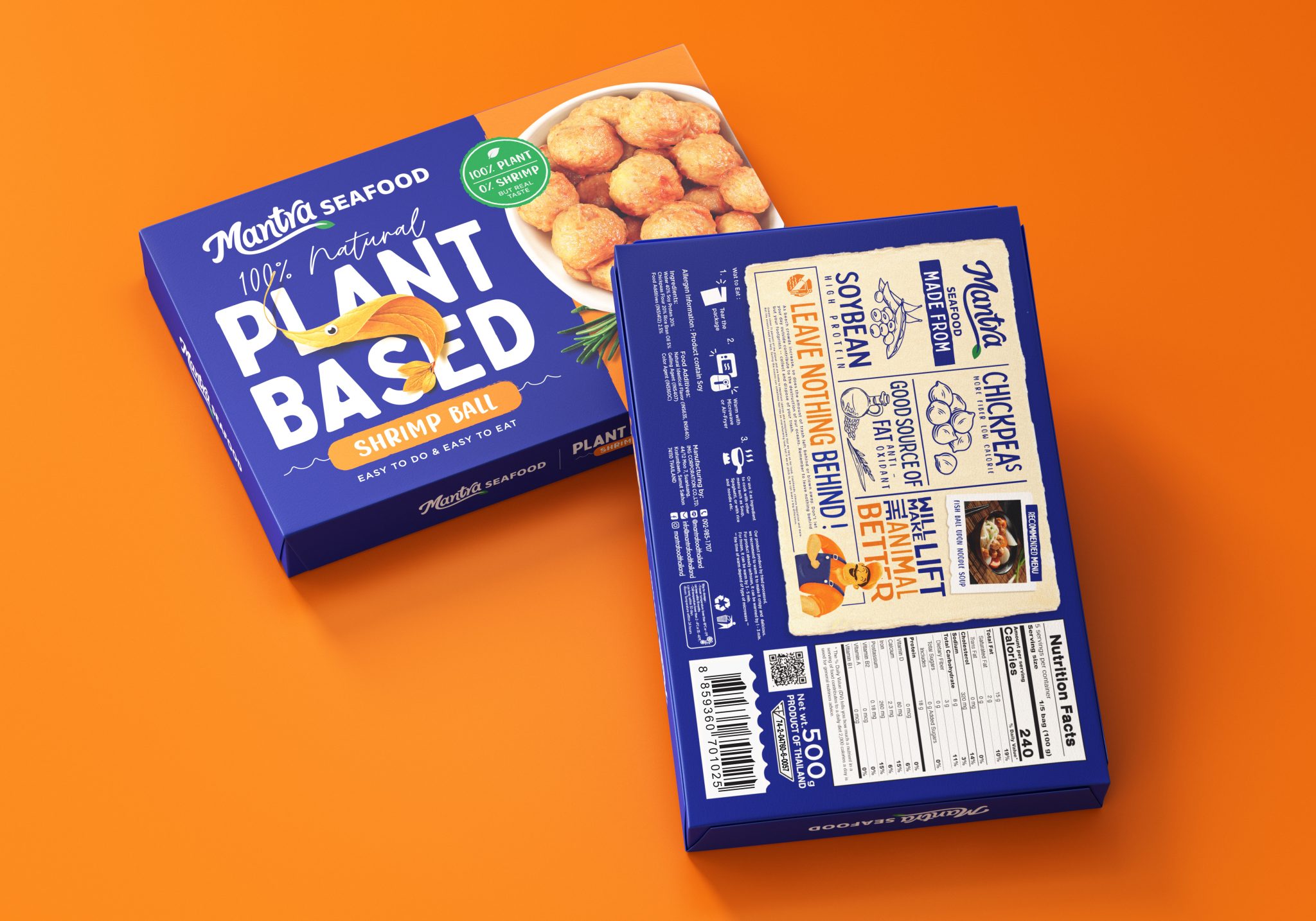 Mantra植物基素食海鮮食品包裝設計，藍色品牌識別+植物葉子海洋生物