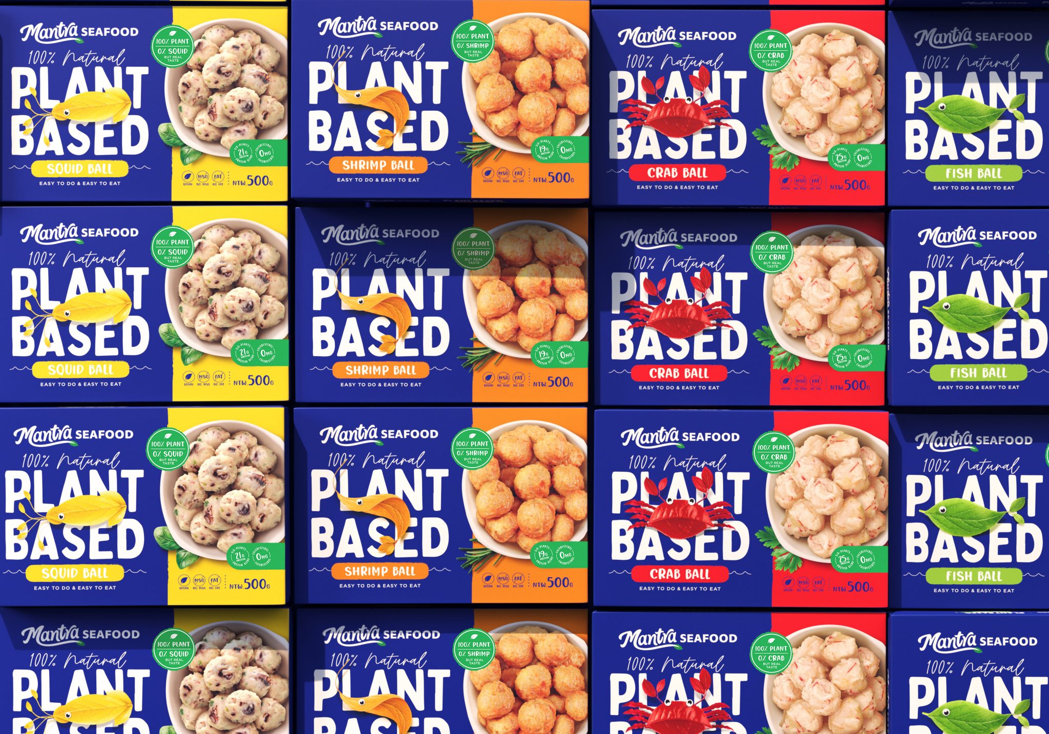 Mantra植物基素食海鮮食品包裝設計，藍色品牌識別+植物葉子海洋生物