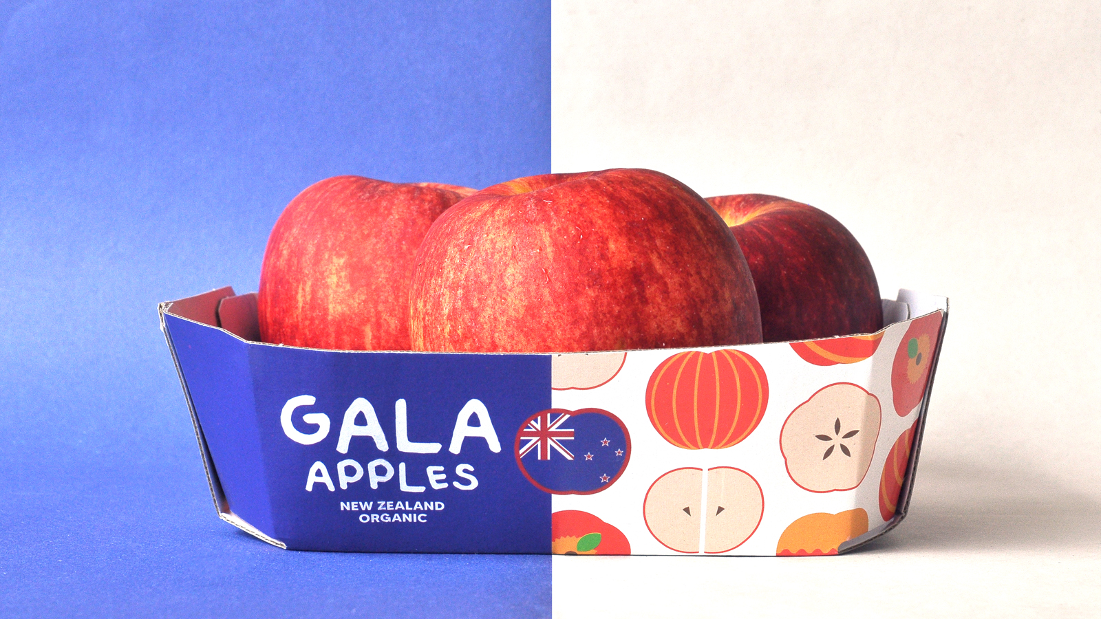 GALA 新西蘭有機(jī)蘋果節(jié)慶敞開式包裝盒設(shè)計，新西蘭國旗色+扁平圖標(biāo)組合