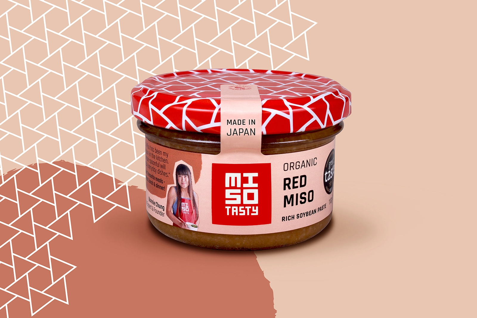 Miso Tasty日式味增調(diào)味品包裝設(shè)計,突出品牌logo與三角組合圖案識別元素 Miso Tasty日式味增調(diào)味品包裝設(shè)計,突出品牌logo與三角組合圖案識別元素