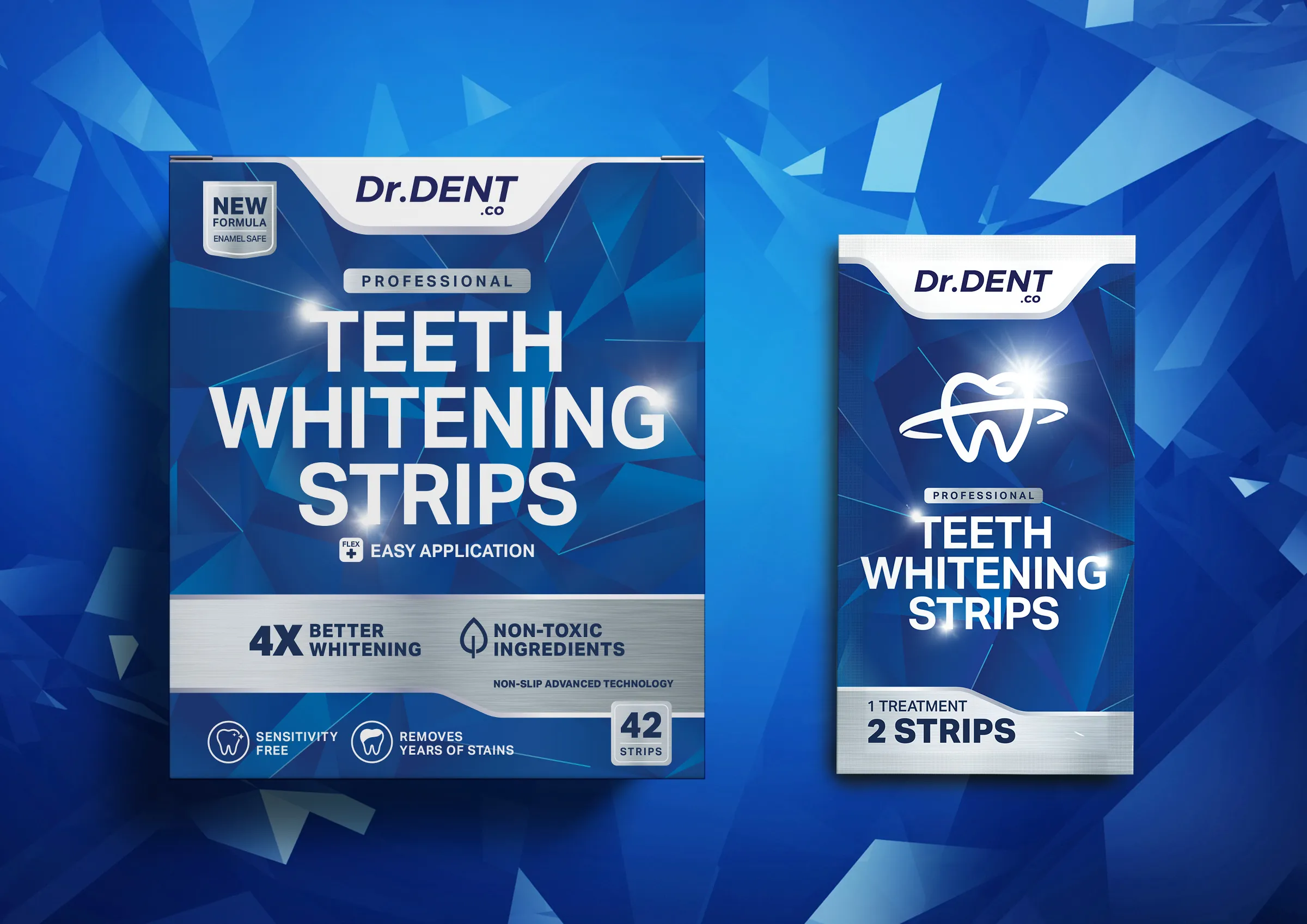Dr.Dent牙齒美白條產品包裝設計,藍色與銀色效果 Dr.Dent牙齒美白條產品包裝設計,藍色與銀色效果