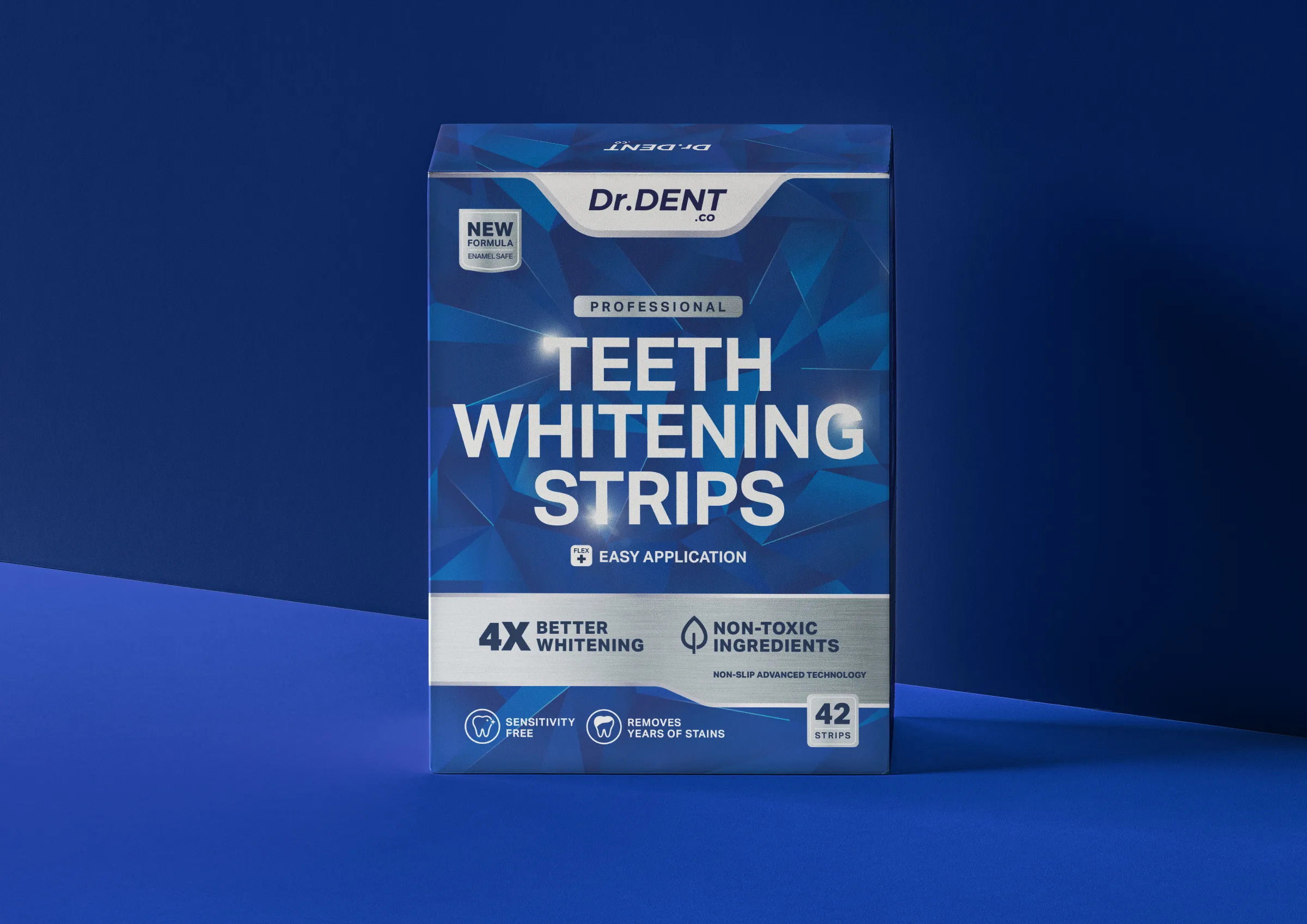 Dr.Dent牙齒美白條產品包裝設計,藍色與銀色效果 Dr.Dent牙齒美白條產品包裝設計,藍色與銀色效果