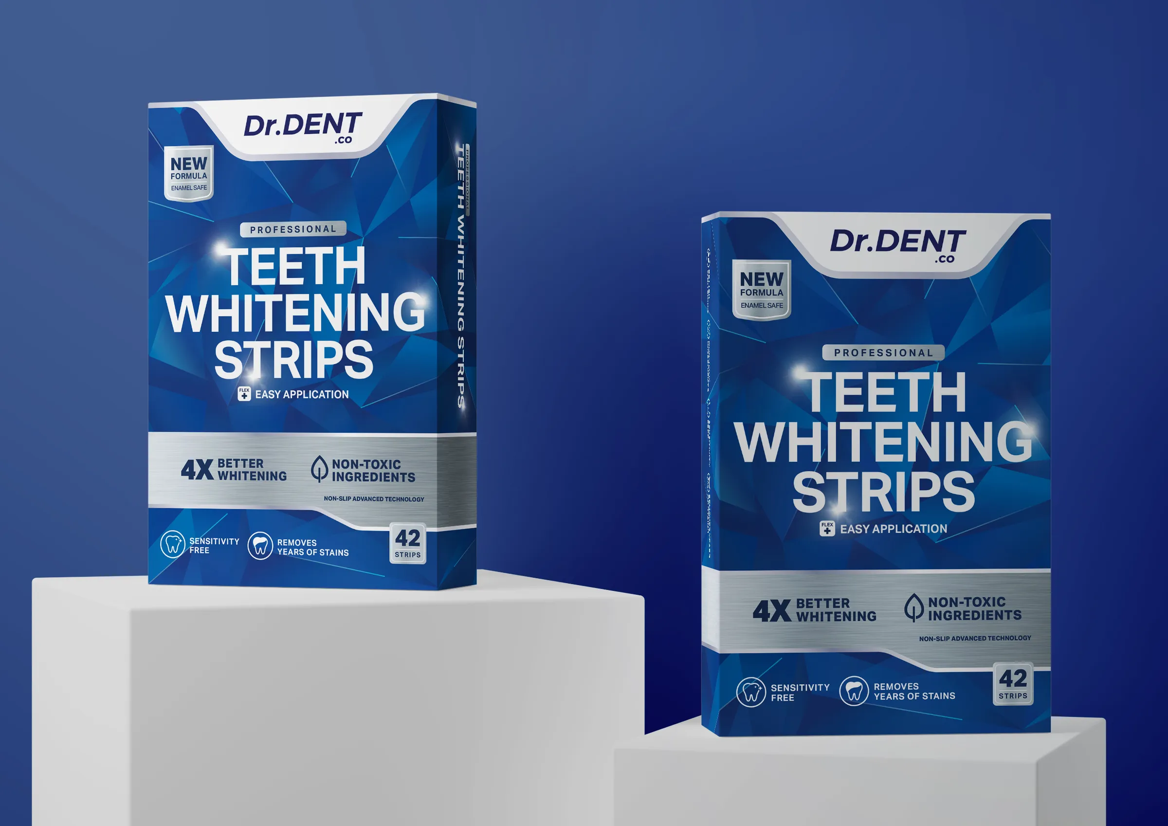Dr.Dent牙齒美白條產品包裝設計,藍色與銀色效果 Dr.Dent牙齒美白條產品包裝設計,藍色與銀色效果