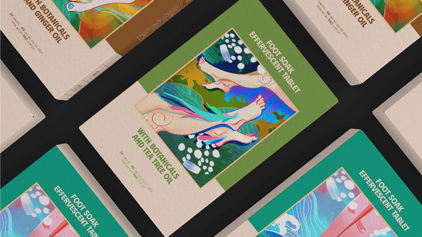 TABLETS 生姜精油泡騰片足浴包包裝設(shè)計(jì),虛實(shí)結(jié)合的腳部與草本插畫 TABLETS 生姜精油泡騰片足浴包包裝設(shè)計(jì),虛實(shí)結(jié)合的腳部與草本插畫
