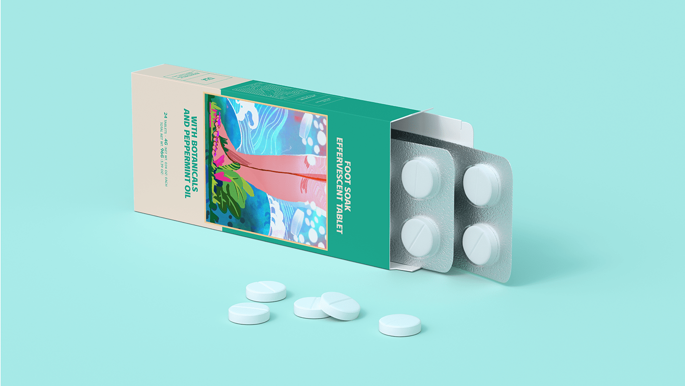 TABLETS 生姜精油泡騰片足浴包包裝設(shè)計(jì),虛實(shí)結(jié)合的腳部與草本插畫 TABLETS 生姜精油泡騰片足浴包包裝設(shè)計(jì),虛實(shí)結(jié)合的腳部與草本插畫
