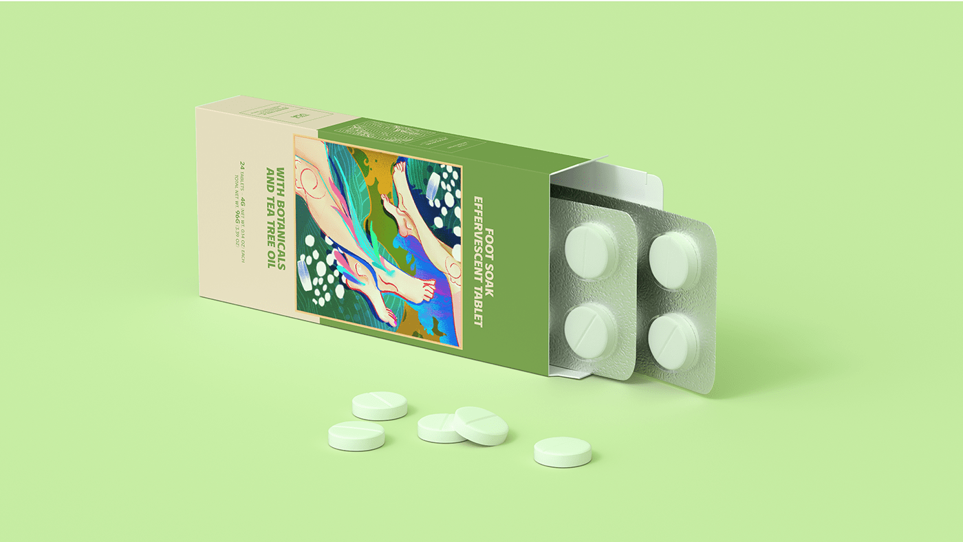 TABLETS 生姜精油泡騰片足浴包包裝設(shè)計(jì),虛實(shí)結(jié)合的腳部與草本插畫 TABLETS 生姜精油泡騰片足浴包包裝設(shè)計(jì),虛實(shí)結(jié)合的腳部與草本插畫