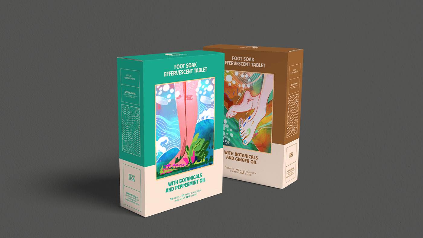 TABLETS 生姜精油泡騰片足浴包包裝設(shè)計(jì),虛實(shí)結(jié)合的腳部與草本插畫 TABLETS 生姜精油泡騰片足浴包包裝設(shè)計(jì),虛實(shí)結(jié)合的腳部與草本插畫