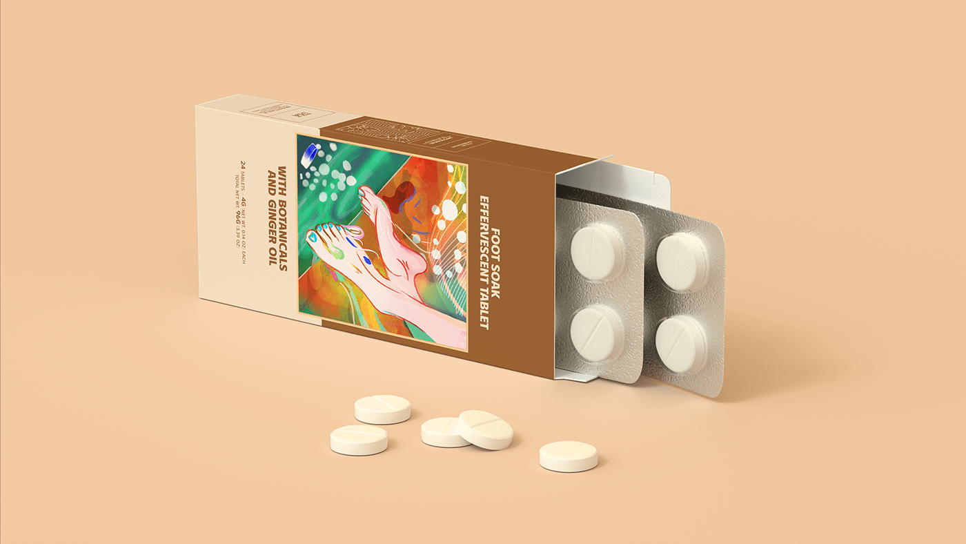 TABLETS 生姜精油泡騰片足浴包包裝設(shè)計(jì),虛實(shí)結(jié)合的腳部與草本插畫 TABLETS 生姜精油泡騰片足浴包包裝設(shè)計(jì),虛實(shí)結(jié)合的腳部與草本插畫