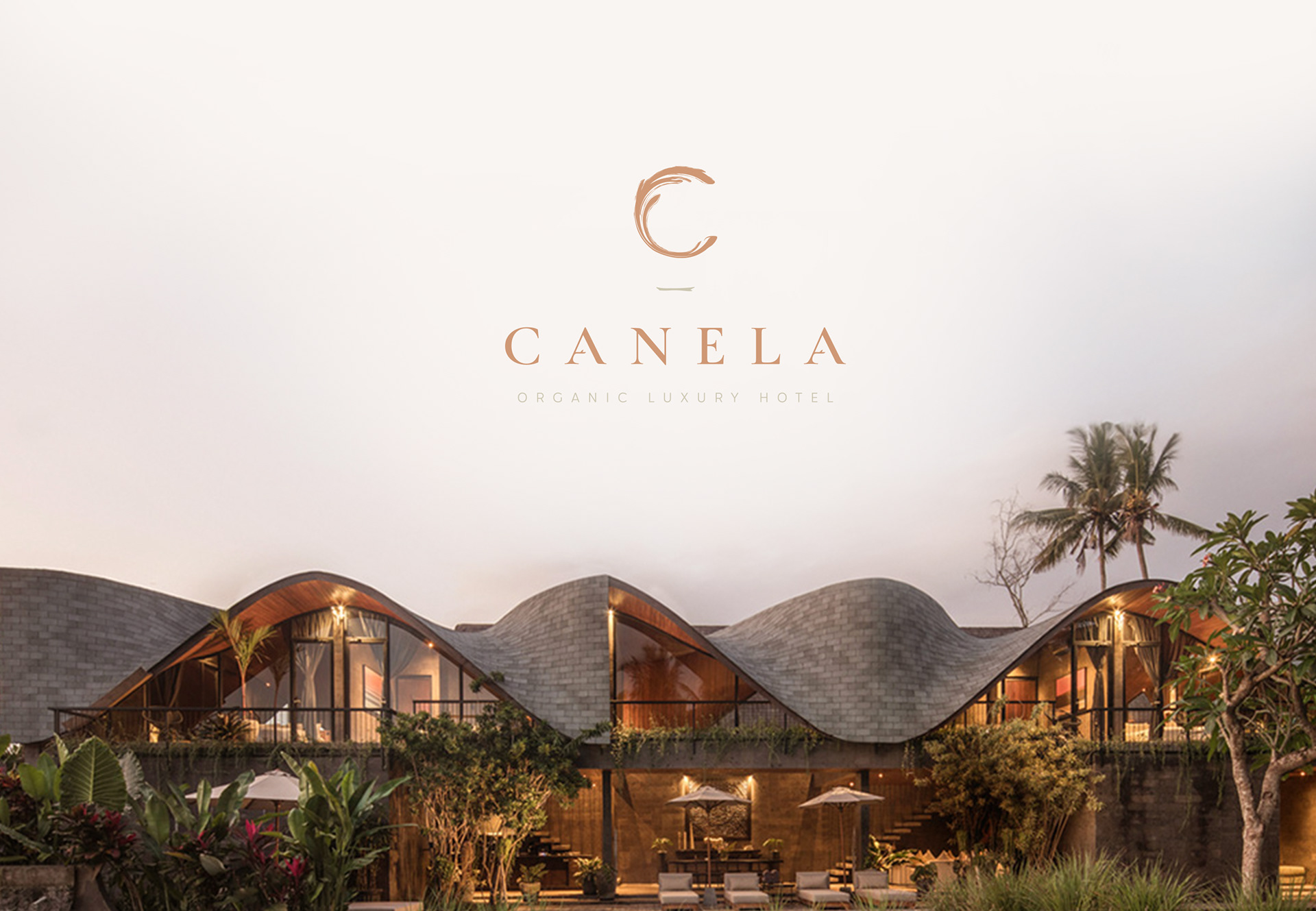 巴西有機(jī)豪華酒店藝術(shù)建筑項目 Canela 創(chuàng)建品牌logo設(shè)計和藝術(shù)指導(dǎo)，彎曲肉桂C字母元素