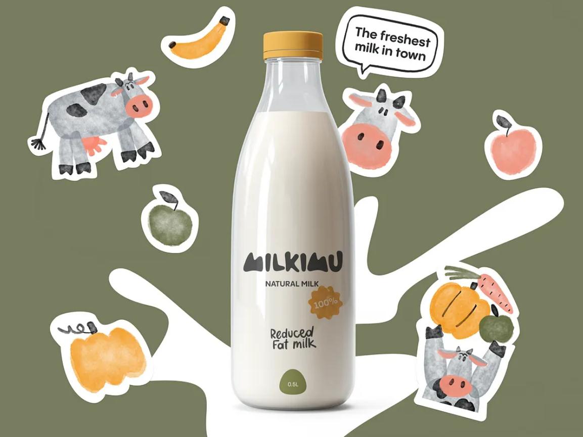 Milkimu牛奶乳制品品牌包裝設(shè)計(jì)和營(yíng)銷(xiāo)圖形,可愛(ài)手繪卡通牛牛元素-牛奶玻璃瓶和品牌貼紙 Milkimu牛奶乳制品品牌包裝設(shè)計(jì)和營(yíng)銷(xiāo)圖形,可愛(ài)手繪卡通牛牛元素-牛奶玻璃瓶和品牌貼紙