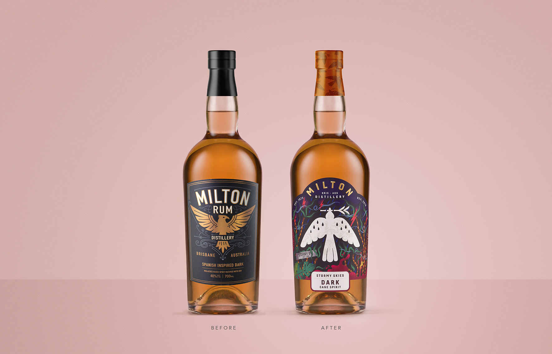 米爾頓酒廠朗姆酒標(biāo)簽包裝設(shè)計(jì)，噪鵑鳥(niǎo)核心識(shí)別元素統(tǒng)領(lǐng)所有包裝架構(gòu)