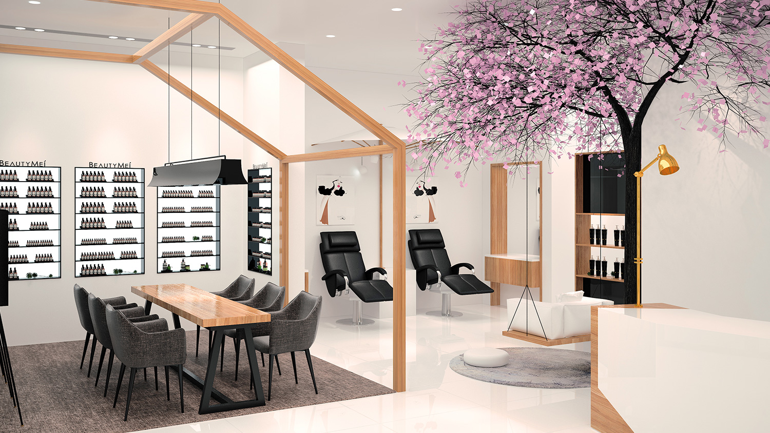Beautymei水魅兒美甲護膚化妝品專賣體驗店鋪空間設計，黑色+深原木色風格