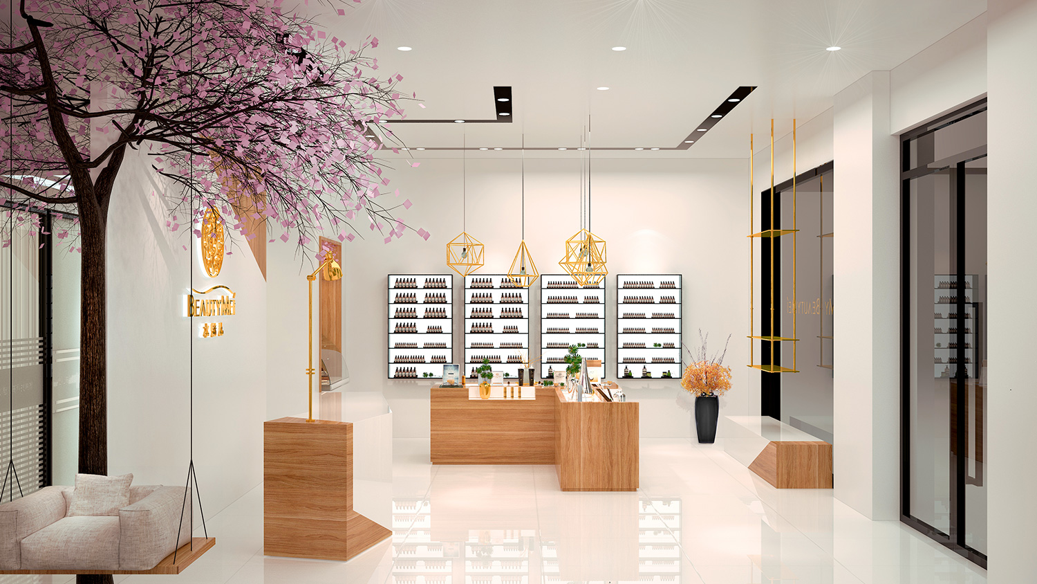 Beautymei水魅兒美甲護膚化妝品專賣體驗店鋪空間設計，黑色+深原木色風格